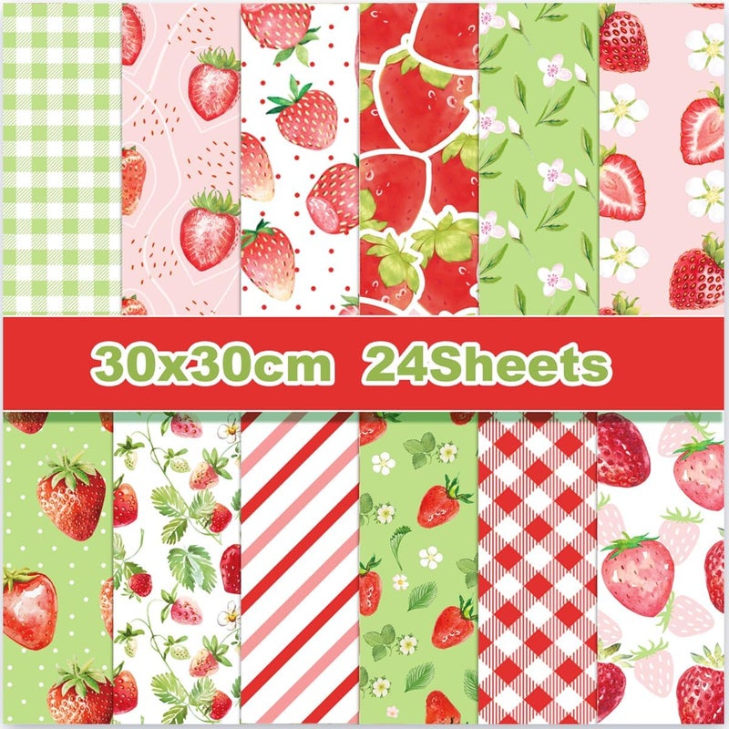 WLXTREE Strawberry Striped Plaid Scrapbook Paper,24 Sheets 12 x12 inch Double-Sided Printing Decorative Craft Patterned Paper Pad for Card Making Background Art Album Collage Aesthetic Room - Image 1